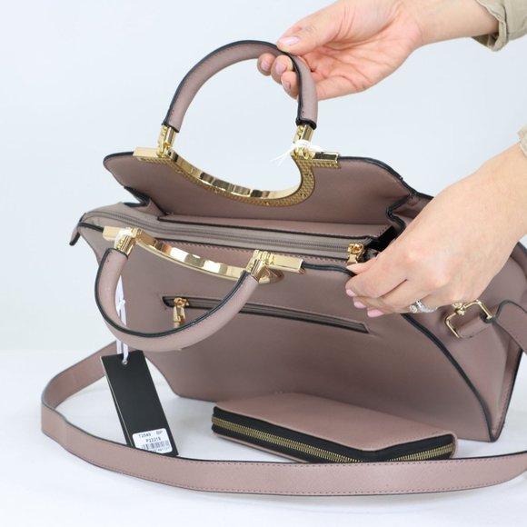 Mauve Faux Leather Purse and Wallet 2 in 1 Set Tote Cross Body Shoulder Hand Bag - Picture 8 of 12